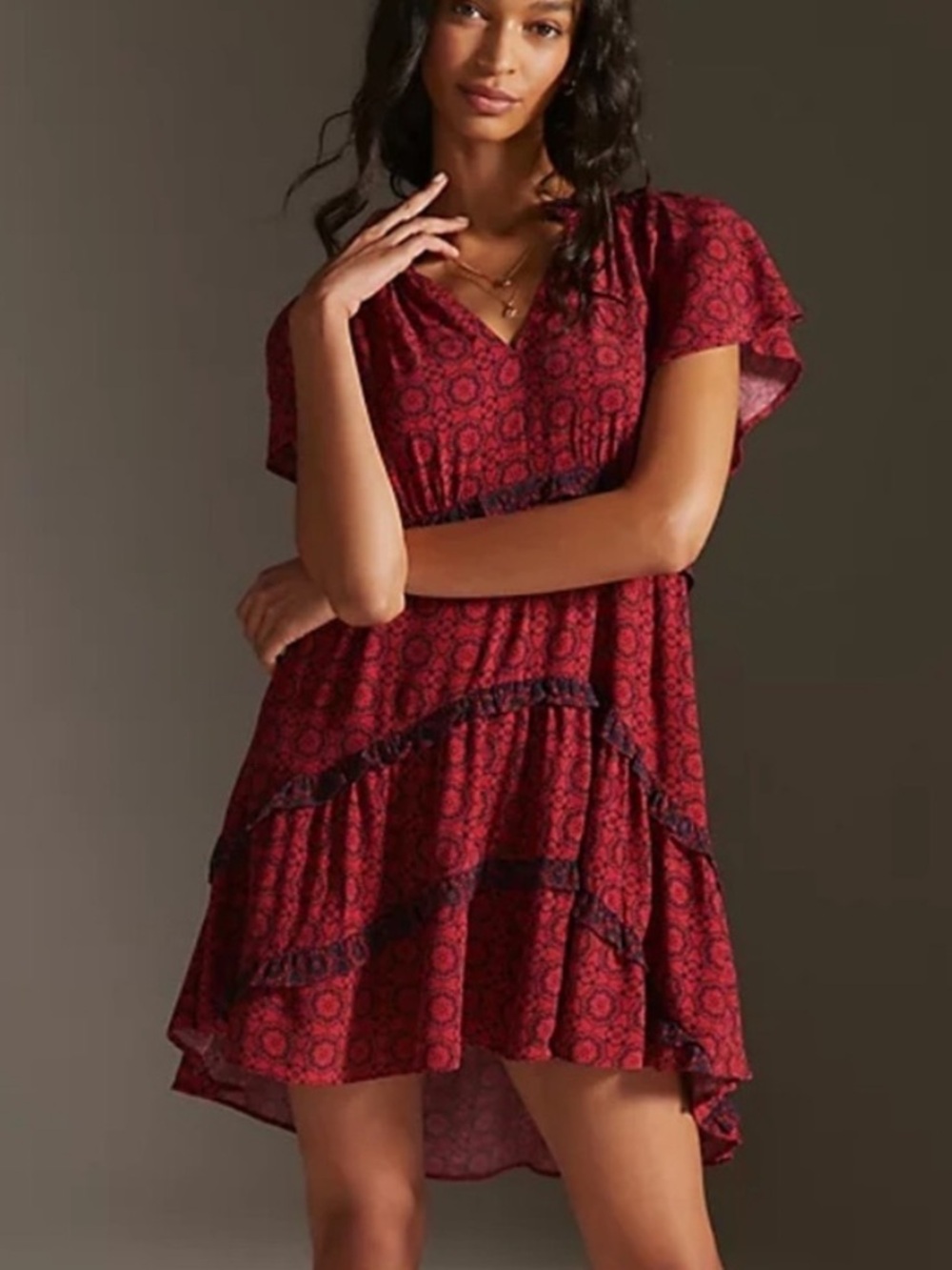 Anthropologie Red Patterned V-Neck High-Low Tiered Dress